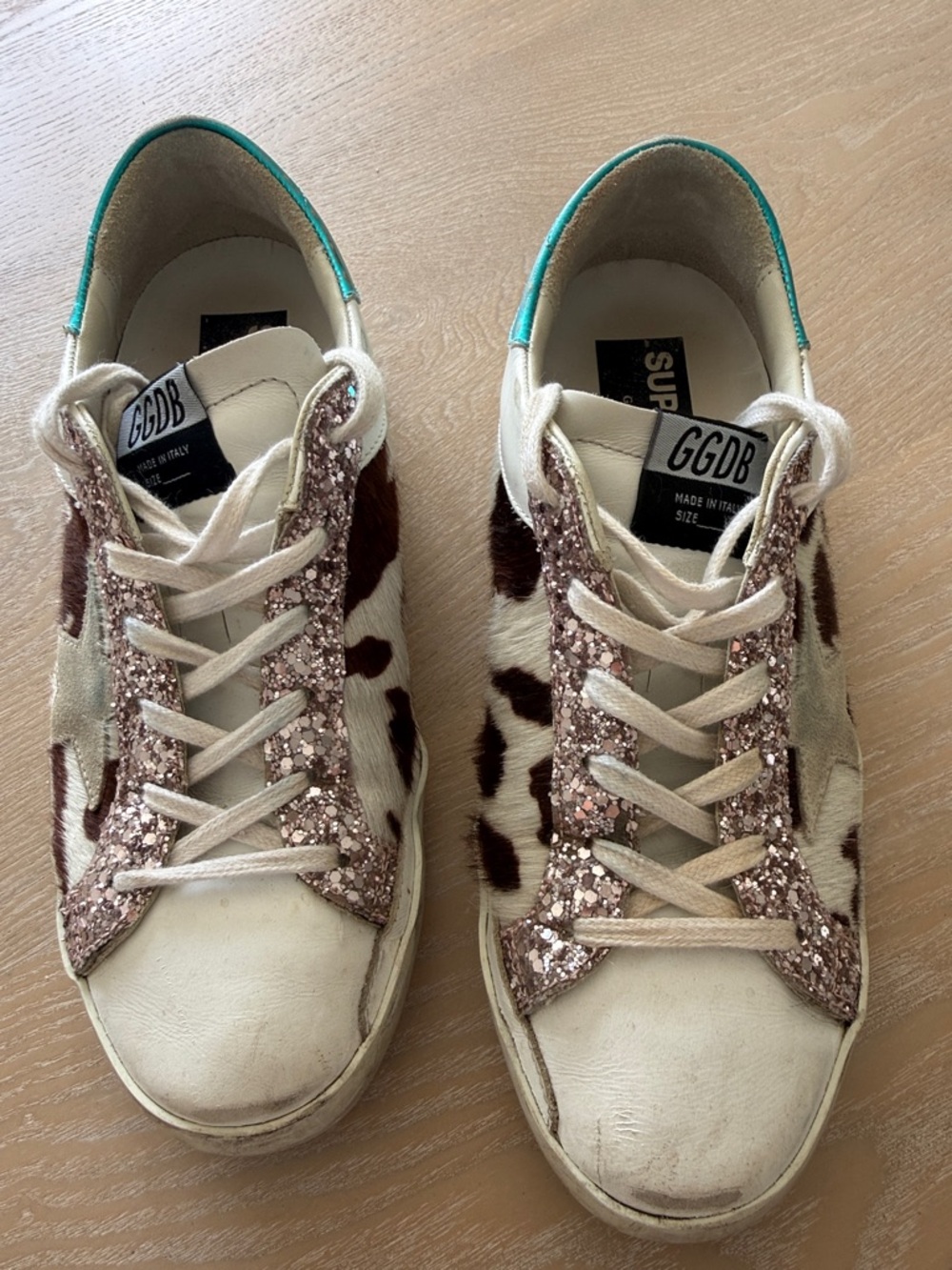 Golden Goose Superstars 39 Cow-Print Sneakers w Pink Glitter Trim and Teal Heel - Picture 6 of 8